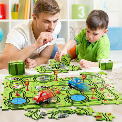Father and son assembling 56 Piece Jigsaw Race Track Car Set for Toddlers and Kids Ages 2 3 4 5 6 Colorful City Theme Puzzle Tracks