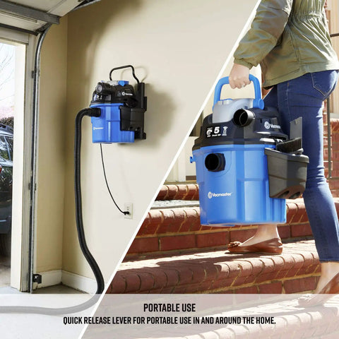 5 Gallon Wall Mount Wet Dry Vacuum With Remote Control 5 Peak HP Ultra Quiet 2 Stage Motor for easy home use, blue, detachable