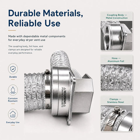 Close-up of 90 Degree Magnetic Dryer Vent Connector Kit with durable aluminum foil hose and stainless steel clamps.