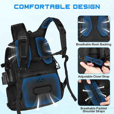 Comfortable design features of 50L Fishing Tackle Backpack with removable lure wraps, including mesh backing and padded straps.