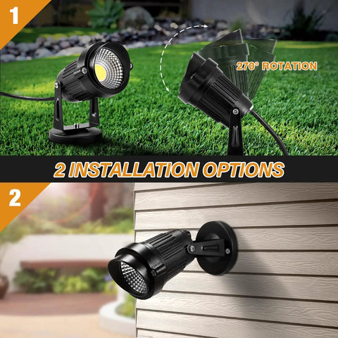 5W 110V Outdoor Landscape Spotlight Kit IP65 Waterproof Warm White 3000K with 5ft cable and spike shown in two installation options