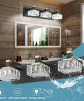 Three Light Black Brass Vanity Light For Bathroom Mirror LED Wall Fixture With Crystal Lampshades Dope Modern Waterproof IP44 Bathroom Lighting 6000K Cool White LED Easy Install Durable Minimalist Design over mirror in modern bathroom.