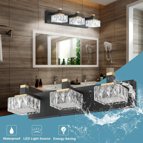 Three Light Black Brass Vanity Light For Bathroom Mirror LED Wall Fixture With Crystal Lampshades Dope Modern Waterproof IP44 Bathroom Lighting 6000K Cool White LED Easy Install Durable Minimalist Design over mirror in modern bathroom.