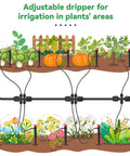 Illustration of 50 Pack Adjustable Drip Emitters for 1/4 Inch Tubing with 360 Degree Water Flow on 5 Inch Arrow Stakes in garden setup