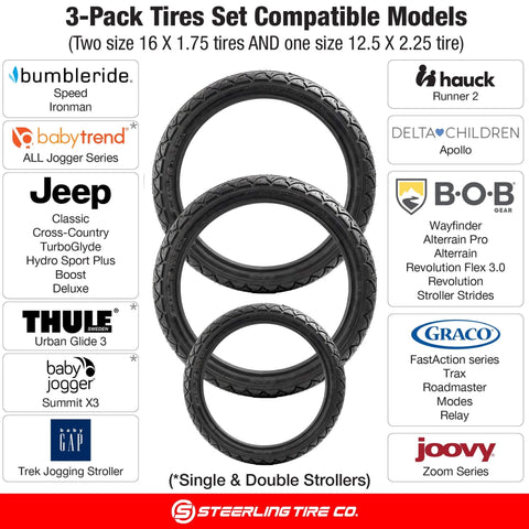 Three Pack Jogging Stroller Tire Replacement Set With Two 16x1.75 Rear Tires And One 12.5x2.25 Front Tire BPA Latex Free Butyl Rubber