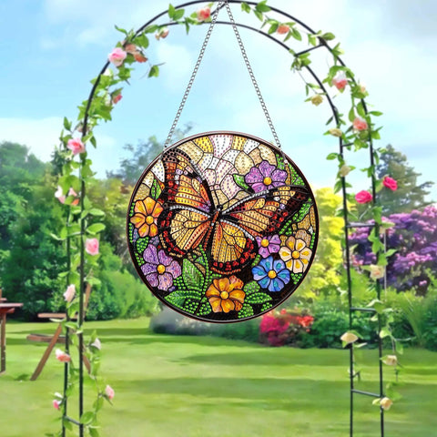 Dual Sided Diamond Art Hanging Kit For Adults With Butterfly Crystal Ornaments Flower Sun Catchers For Front Door And Windows Diy Diamond Painting Experience On 8x8 Inch Frame Summer Porch Garden Decor showcasing butterfly suncatcher