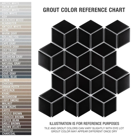 Matte Black Porcelain Rhombus Tile for Floors and Walls, Mesh-Mounted Mosaic with Grout Color Reference Chart