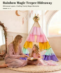 Kids Teepee Tent Indoor Playhouse With Star Lights And Rainbow Gauze Tulle, girl in pink dress reading with woman