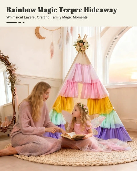 Kids Teepee Tent Indoor Playhouse With Star Lights And Rainbow Gauze Tulle, girl in pink dress reading with woman