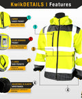 Galaxy Limited Edition Pattern Class Three Reflective Softshell Jacket Water Resistant Breathable Fleece Lined High Visibility Safety Gear For Construction Workers Road Crews And More In Yellow Xl Size with feature labels including cargo chest pocket, clear ID pocket, and elastic wristbands.