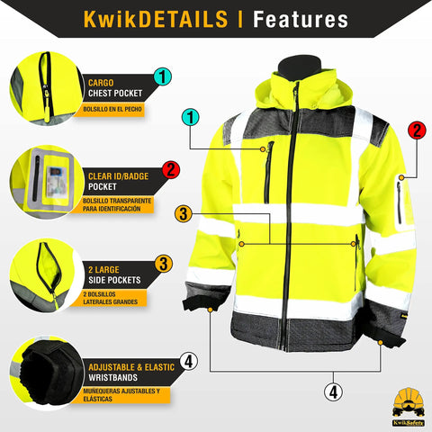 Galaxy Limited Edition Pattern Class Three Reflective Softshell Jacket Water Resistant Breathable Fleece Lined High Visibility Safety Gear For Construction Workers Road Crews And More In Yellow Xl Size with feature labels including cargo chest pocket, clear ID pocket, and elastic wristbands.