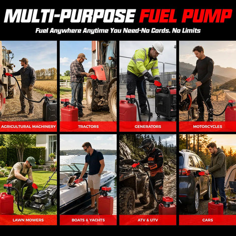 Cordless Fuel Transfer Pump With Auto Shutoff And Solid Grip Nozzle For Gasoline Diesel Oil 5Gpm Battery Operated Hose Kit in use with various vehicles and machinery.