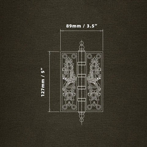 Diagram of 5-Inch European-Style Copper Door Hinge For Cabinets And Rooms, Thick Retro Antique Gold Finish, with dimensions.