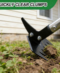 Close-up of 61 Inch Adjustable Weed Puller With Detachable Head, 2-In-1 Weed Rake And Crack Weeder clearing clumps in garden