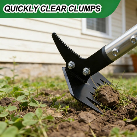 Close-up of 61 Inch Adjustable Weed Puller With Detachable Head, 2-In-1 Weed Rake And Crack Weeder clearing clumps in garden