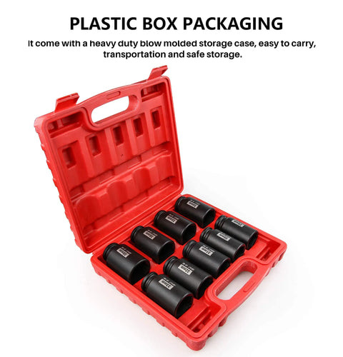 1/2 Inch Deep 6-Point Impact Socket Set For Axle Nuts 29mm-38mm, 9-Piece Cr-Mo Chrome Molybdenum Steel With Plastic Case