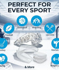 Two Pack Sports Mouth Guards For Game Ready Protection with vented carrying case against sports-themed background
