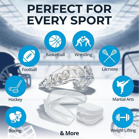 Two Pack Sports Mouth Guards For Game Ready Protection with vented carrying case against sports-themed background