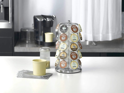 K Cup Pod Carousel Organizer With 360 Degree Spin Holds 35 Pods Lazy Susan Coffee Stand Chrome Modern Design