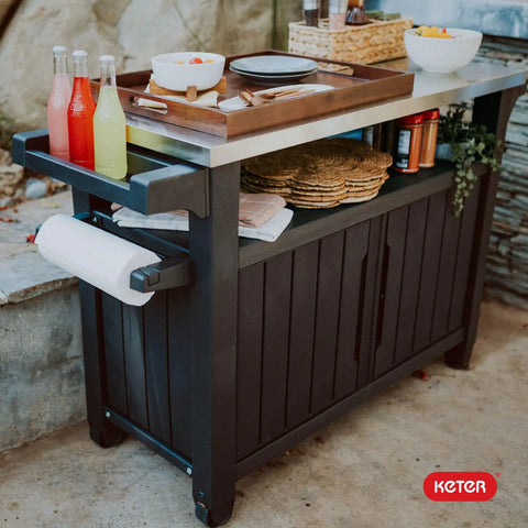 Outdoor Rolling Kitchen Island Cart With Wheels For Patio Bar And Grill Portable Food Prep Table And Storage Dark Brown Party Ready For Drinks Snacks And Cooking On The Go with drinks and snacks displayed