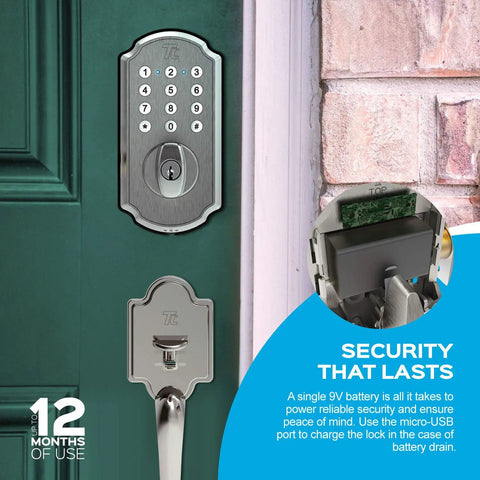Front Door Lockset Combo Digital Deadbolt With Keypad And Entry Handle, Brushed Nickel on green door, battery pack highlighted