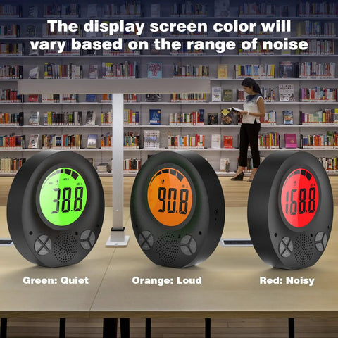 Digital Decibel Meter With DIY Voice Warning, Remote Control, Wall Mount; displays green, orange, red for sound levels.