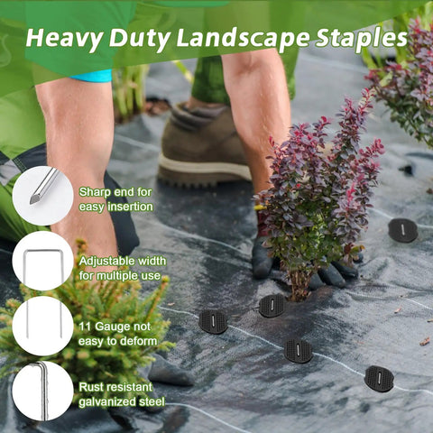 Person installing 6 Inch Garden Stakes Kit With 100 Heavy Duty Staples, 100 Protective Gaskets, Pick Hook And Rubber Mallet For Easy Landscape Fabric Pins, Lawn Staples 11 Gauge Weed Barrier Plant Cover Pack in garden