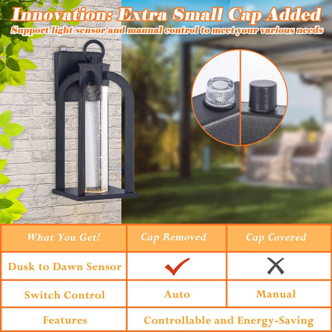 LED Dusk To Dawn Outdoor Wall Light With 14 Inch Black Lantern Style Crystal Bubble Glass Photocell Sensor IP65 Waterproof And Rust Resistant No Fuss Exterior Fixture For House Garage And Porch showing switch control options