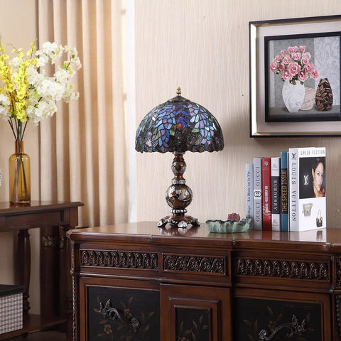 Wisteria Flowers Butterflies Tiffany Style Stained Glass Table Lamp With A 12 Inch Wide Lampshade And 19 Inch Tall Handmade Craftsmanship