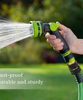 Person using a spray nozzle with Aluminum Garden Hose Quick Connect Fittings 4 Piece Set Three Quarter Inch No Leak Quick Connectors