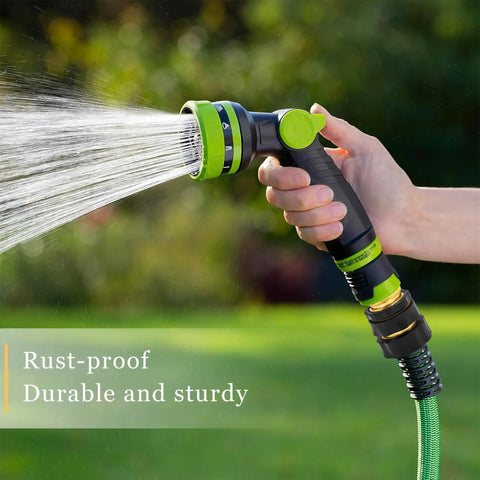 Person using a spray nozzle with Aluminum Garden Hose Quick Connect Fittings 4 Piece Set Three Quarter Inch No Leak Quick Connectors