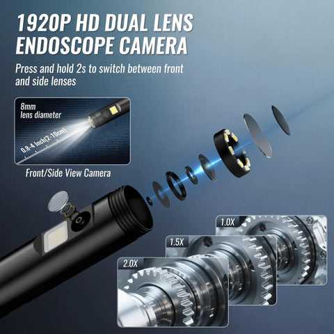 Dual Lens Endoscope With 4.3 Inch IPS Display And 16.4 Foot Cable, 1920P HD Real Time Imaging, Front And Side Cameras, 170 Degree Wide Viewing Angle, Zoom And Brightness Control For Clear Inspections. 8mm lens