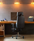 Heavy Duty Office Chair Wheels Set Of 5 Rollerblade Casters 3 Inch Thick on a stylish black office chair in a modern workspace.