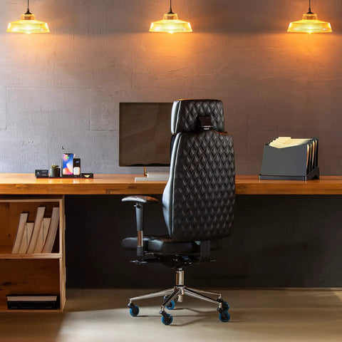 Heavy Duty Office Chair Wheels Set Of 5 Rollerblade Casters 3 Inch Thick on a stylish black office chair in a modern workspace.