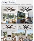 72 Inch Ceiling Fan With Lights And Remote Dual Sided Reversible Blades Quiet DC Motor damp rated installed in various rooms