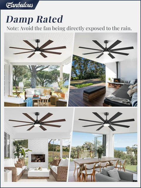 72 Inch Ceiling Fan With Lights And Remote Dual Sided Reversible Blades Quiet DC Motor damp rated installed in various rooms