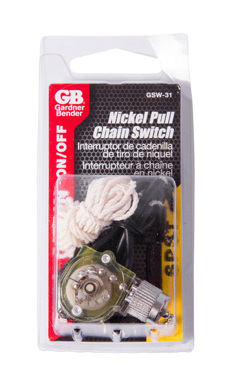 Electrical Pull Chain Switch SPST On Off For Fans And Small Appliances, 6 Amp 125 Volt AC, package view, nickel finish