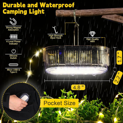 All In One Camping String Light Rope 21 Ft Waterproof LED 3000LM USB Rechargeable With Power Bank shown in use outdoors
