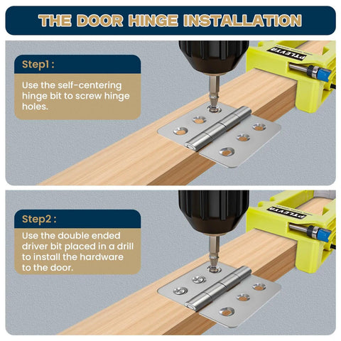 Door Hinge Mounting Template Kit Green for 3-5 Inch Hinges, 90 Degree Positioning demonstration with drill and hinge installation
