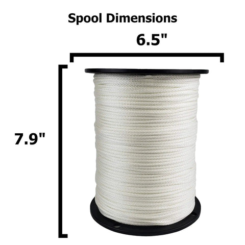 Heavy Duty One Eighth Inch Nylon Rope Solid Braid Utility Rope On A 1000 Foot Spool with Dimensions Highlighted