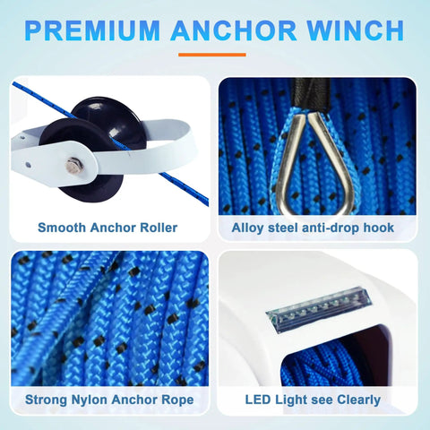 Heavy Duty 45 Lb Electric Anchor Winch With Wireless Remote And 100 Ft Rope For Easy Boat Stopping Power Up From Your 12V System features smooth roller, nylon rope.