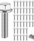 Top Pick 50 Pcs Of 1/4-20 X 1-1/4 Inch Stainless Steel Flanged Hex Bolts showing a group of rust-proof bolts with wide washers.