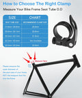 Guide for selecting correct seat clamp size with diagram; features 2 pack bike seat clamps 31.8mm seatpost clamp for 31.8mm seat tube inner diameter black aluminum 6061 premium upgrade durable lightweight secure grip for mountain road indoor cycling.