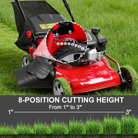 131cc Gas Powered Self Propelled Lawn Mower With Foldable Design Easy Start 3 In 1 Gas Push Mower For Yard And Garden Beast Mode 50L Grass Catcher Rear Wheel Drive Red, 8-position cutting height