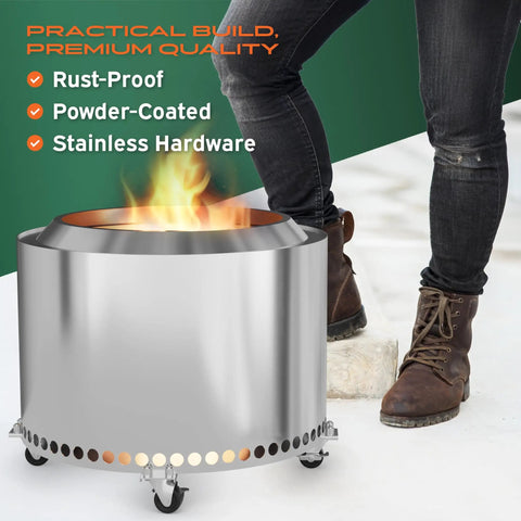 Movable 21 Inch Fire Pit On Wheels Stand for Bonfire Style Pits with Rust Proof Aluminum and Stainless Steel, outdoors in use