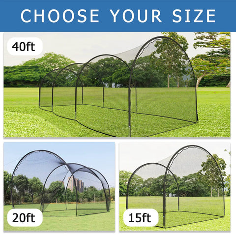 20 Ft Freestanding Batting Cage Backyard Baseball And Softball Practice With Portable Hitting Net And Frame Easy Setup Durable 5 Ply Net And 14mm Fiberglass Poles For Batting And Pitching Drills shown in three sizes: 40ft, 20ft, 15ft.