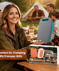 Woman holding Collapsible Camping Cutting Board With Colander And Drain Basket, 9 In 1 Chopping Board For RVs And Campers