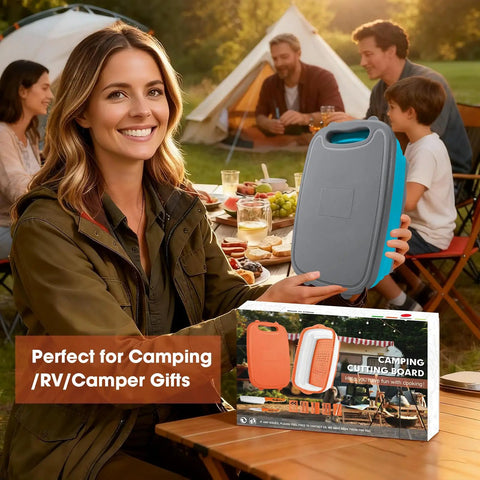 Woman holding Collapsible Camping Cutting Board With Colander And Drain Basket, 9 In 1 Chopping Board For RVs And Campers