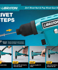 Two In One Rivet Nut And Pop Rivet Gun Kit With Eight Mandrels For Metric And SAE And Four Nose Pieces 2.4 To 4.8mm usage steps