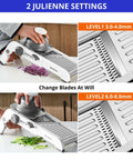 24-in-1 mandoline slicer with waffle fry blade; white and gray kitchen tool with adjustable blades